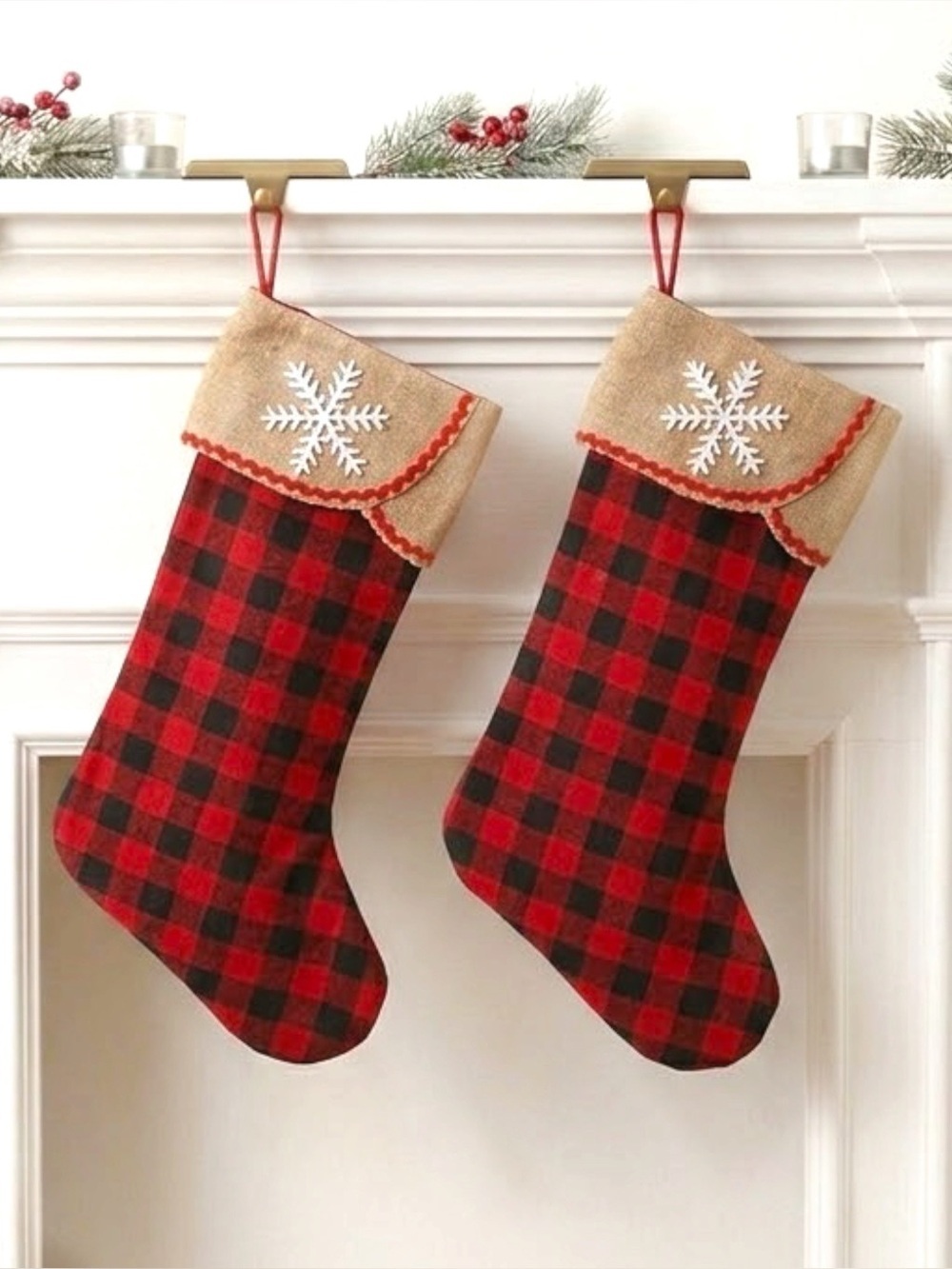 Christmas Stocking Set of 2 Vintage Farmhouse Buffalo Plaid Red Black Burlap